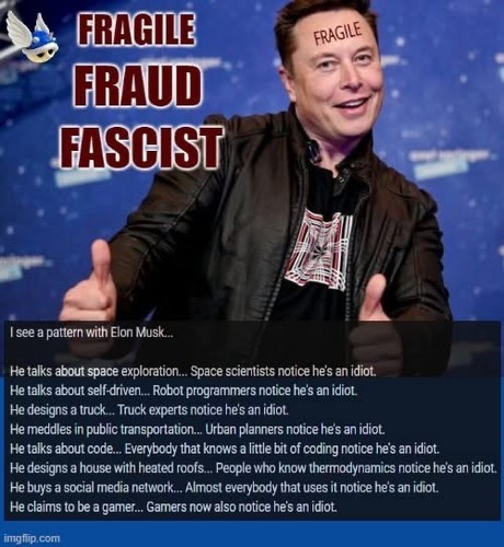 The image features a meme about Elon Musk, depicting him on stage with a backdrop of a blue sky and a white dove. The meme's title, "FRAGILE FRAUD FASCIST," is prominently displayed at the top. Below the image, there's a text that reads: "I see a pattern with Elon Musk... He talks about space exploration... Space scientists notice he's an idiot. He talks about self-driven... Robot programmers notice he's an idiot. He designs a truck... Truck experts notice he's an idiot. He meddles in public transportation... Urban planners notice he's an idiot. He talks about code... Everybody that knows a little bit of coding notice he's an idiot. He designs a house with heated roofs... People who know thermodynamics notice he's an idiot. He buys a social media network... Almost everybody that uses it notice he's an idiot. He claims to be a gamer... Gamers now also notice he's an idiot." The meme is sourced from imgflip.com.