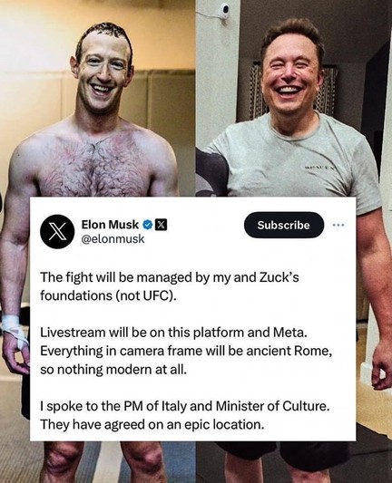 The image is a collage featuring two photos of Elon Musk alongside a text message. The top left photo shows a shirtless Elon Musk smiling, while the top right photo shows him wearing a gray t-shirt, also smiling. The text message, attributed to Elon Musk's Twitter account, discusses the management of an upcoming fight, specifying that it will be handled by his and Zuck's (Mark Zuckerberg's) foundations, not the UFC. The livestream will be available on a specific platform and Meta, with the setting being ancient Rome, devoid of modern elements. Elon Musk mentions speaking to the Prime Minister of Italy and the Minister of Culture, who have agreed on an epic location for the event.