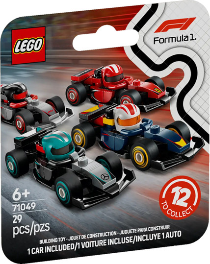 The reverse of a box of a Lego F1 minifigure-style car