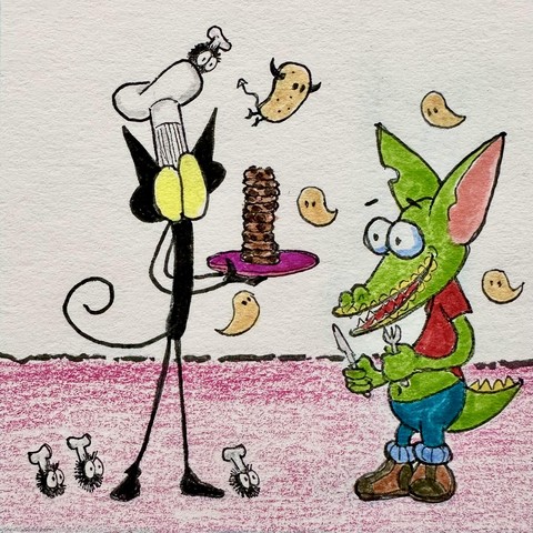 Drawing of a little gremlin presenting a plate with a tower of cookies to tiny goblin