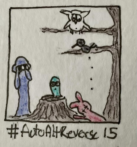 A colorful drawing features two strange characters in blue and pink, with sunglasses. The blue character is depicted on the left, while the pink character appears to be lying down beside a tree stump. Above them, a green alien-like figure with glasses peers out from the stump. A bird and an owl sit on a tree next to the pink character, the bird dropping their feces, the owl watching the scene.