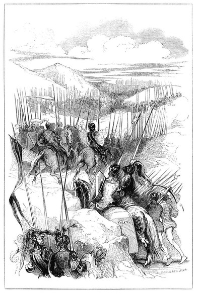 Bird’s eye view of a a meandering valley where two armies, composed of knights and foot soldiers carrying lances and spears, face each other.