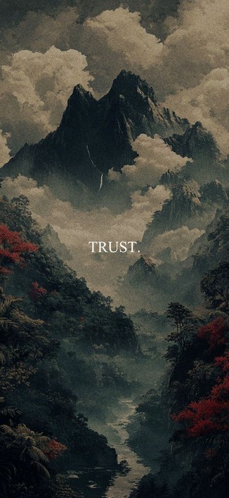 Paisaje montañoso de estilo artístico con nubes bajas y vegetación oscura, la palabra "TRUST" destaca en el centro, sugiriendo serenidad.