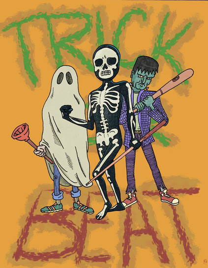 Pen illustration with digital colors of three characters in costume, a ghost, skeleton, and frankenstien, holding a plunger, pool stick, and baseball bat, respectively. The text Trick or Beat is written behind them.