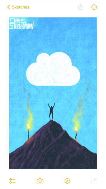 A dark, conical mountain under a vast blue sky. The mountain is craggy, with rocky striations defined in dark purple. Planted on both sides of the mountain are flaming yellow torches. Standing on the very top of the mountain is a small human figure with its arms up. Hovering in the sky above it, like a UFO or an omen, is a huge white cloud icon that looks a little like Apple's iCloud logo. The painting is signed "Chris Silverman".