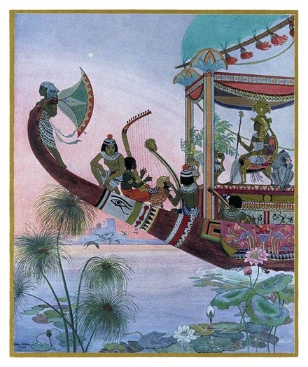 The front of a boat gliding down the Nile among papyrus and water lilies is seen from the side, sheltering a throne under a canopy, on which Cleopatra sits in majesty while musicians play string instruments on the prow.