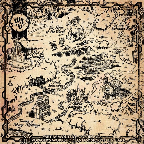 Closeup of a hand inked traditional map on paper showing various locations of a typica, low level, starter TTRPG adventure.