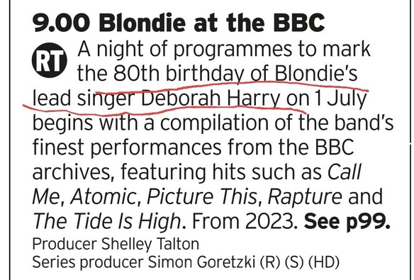 On BBC4 at 9pm tonight there is a series of programmes celebrating Blondie and Debbie Harry on the occasion of her 80th birthday.