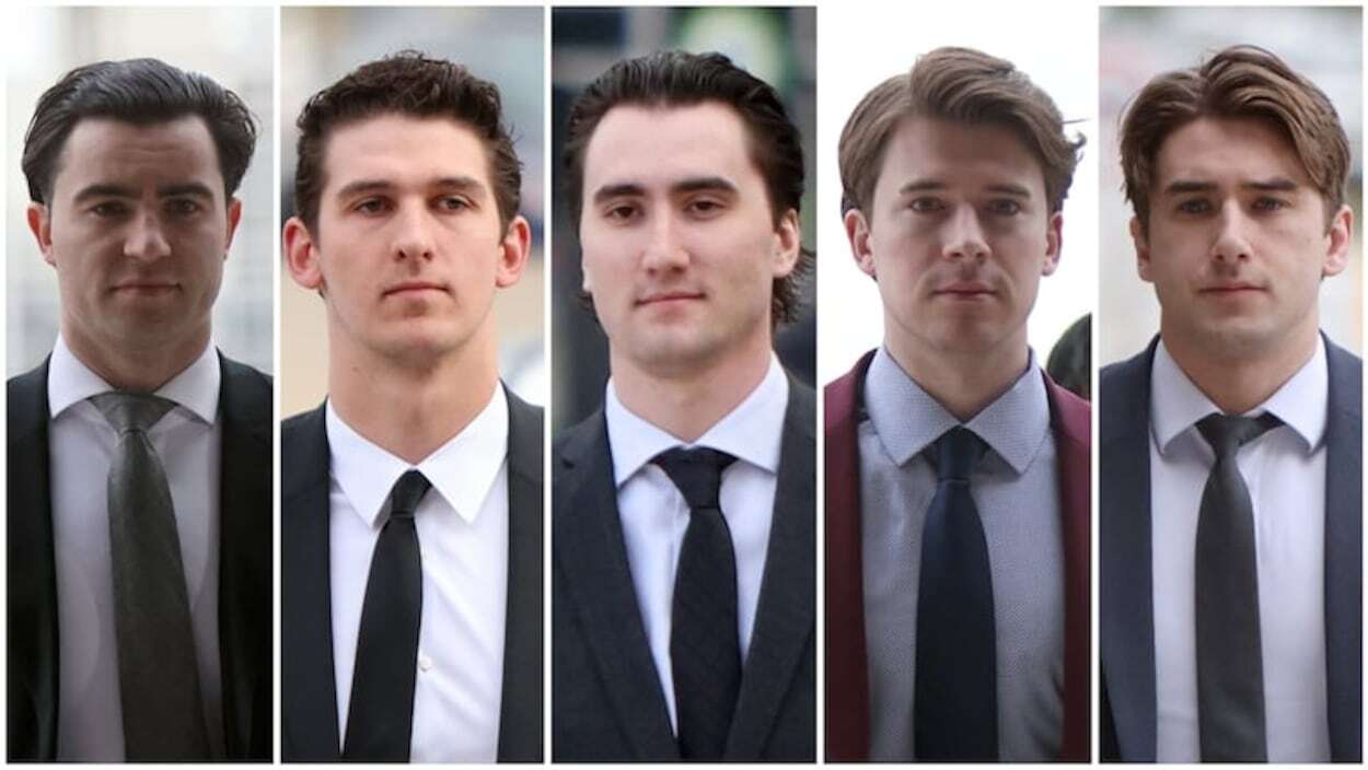(De gauche à droite) Dillon Dubé, Cal Foote, Alex Formenton, Carter Hart et Michael McLeod (De gauche à droite) Dillon Dubé, Cal Foote, Alex Formenton, Carter Hart et Michael McLeod
