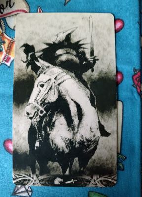 A knight on a horse, with armor and a crow head mask. Holds a sword on left hand and a crow is perched on his right hand.