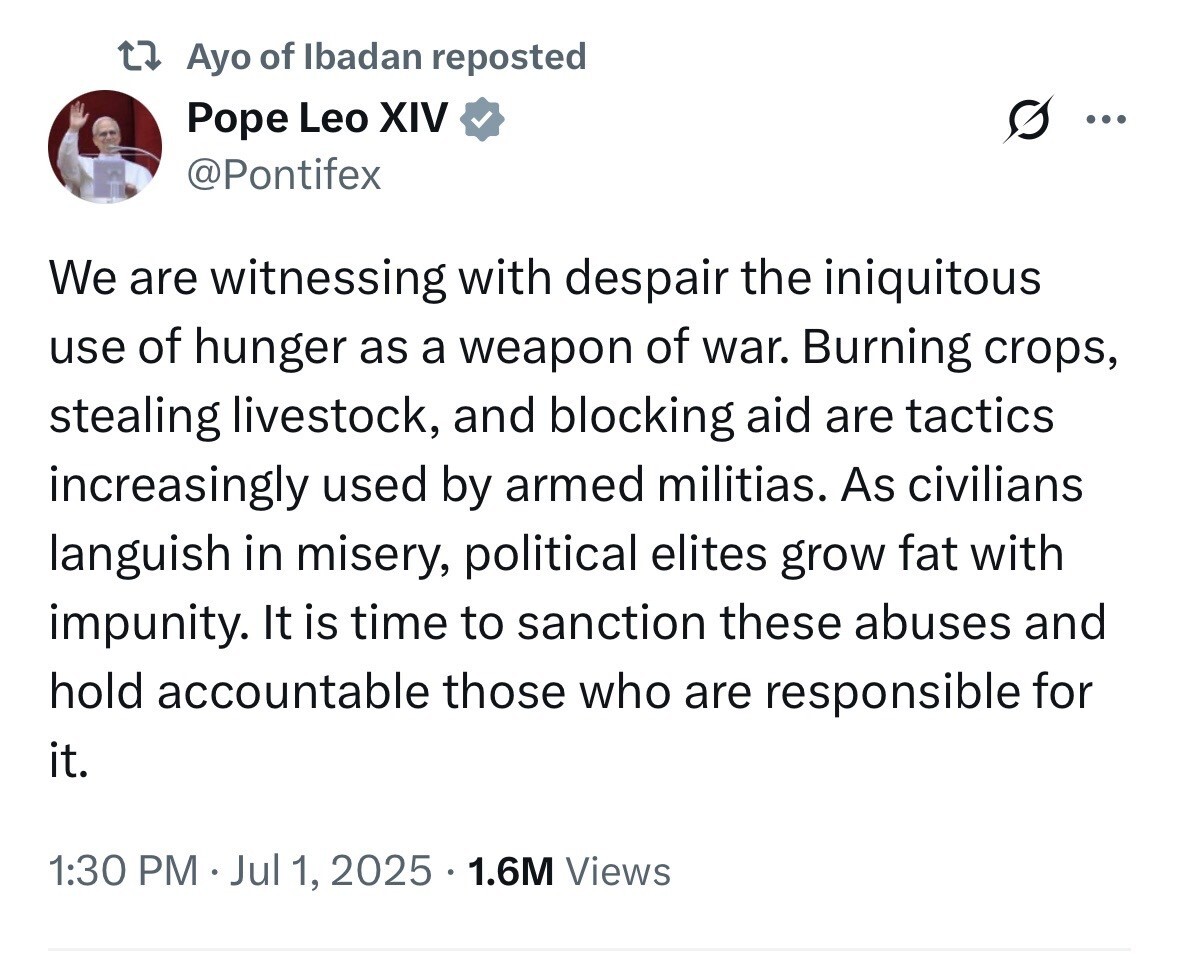 Screenshot of a tweet by the pope

Ayo of Ibadan reposted
Pope Leo XIV v
@Pontifex

We are witnessing with despair the iniquitous
use of hunger as a weapon of war. Burning crops,
stealing livestock, and blocking aid are tactics
increasingly used by armed militias. As civilians
languish in misery, political elites grow fat with
impunity. It is time to sanction these abuses and
hold accountable those who are responsible for
it.
1:30 PM • Jul 1, 2025 • 1.6M Views