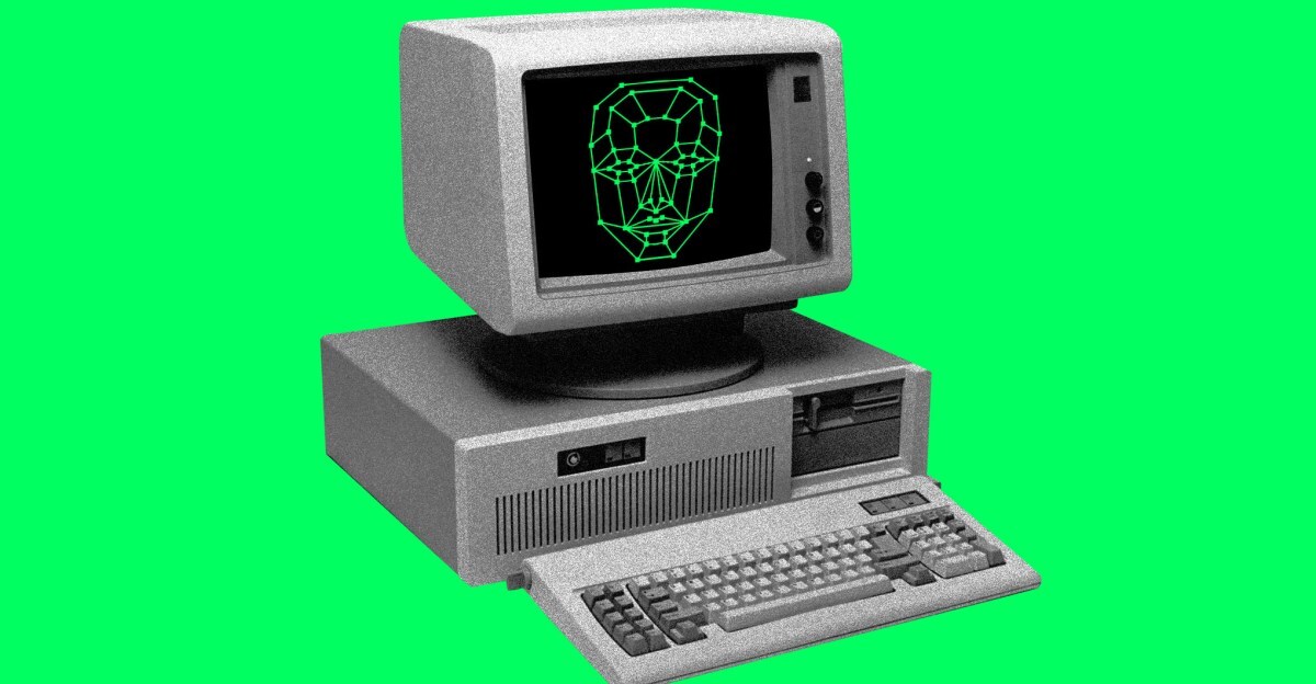 An image depicting a wireframe face on a computer display