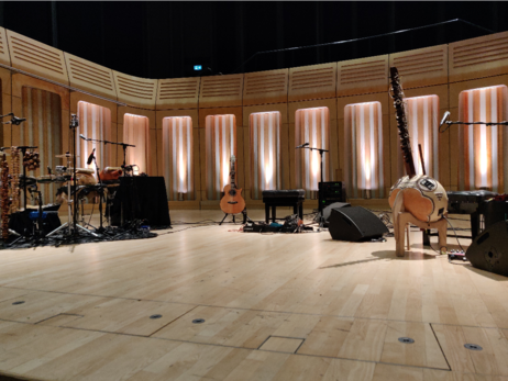 View of the stage at Royal Welsh Collage of Music & Drama from front row. 