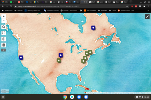 Map of North America showing Mastodon servers by locale