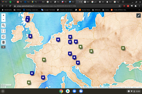 Map of Europe showing Mastodon servers by locale