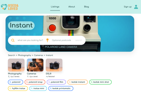 Mock up of used and loved instant camera category page