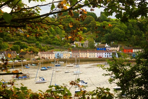 Fishguard lower town's little harbour cottages and small sail boats bobbing on the water as seen from Marine Walk through a gap in the trees.