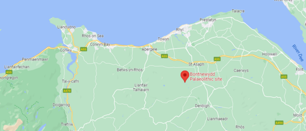 A map showing the location of Bontnewydd Palaeolithic Cave near St Asaph in northern Wales.