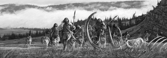 A black and white drawing of Palaeolithic men hunting with spears and wolves helping them.