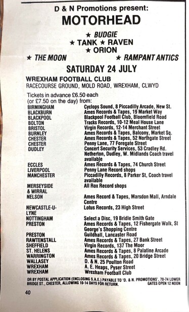 Scan of an advert for “Wrexham Rocks”, an 1982 all-dayer at The Racecourse, featuring Motörhead, Budgie and a bunch of NWOBHM bands who have mostly been forgotten.