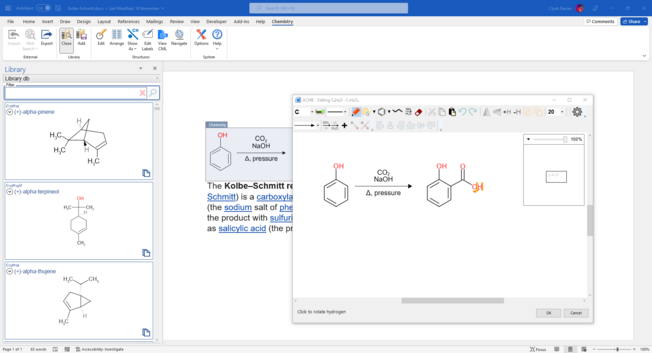 Screenshot of Chem4Word with the ACME Editor