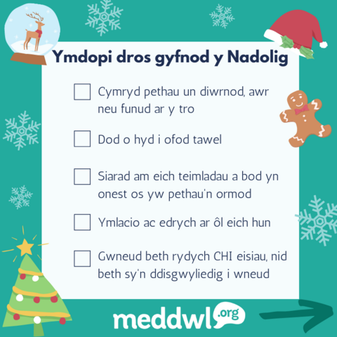 Rhestr â'r testun isod yn y canol gyda lluniau nadoligaidd o'i gwmpas: coeden nadolig, het, bisged sinsir, menig a phlu eira. Logo meddwl.org.

Testun:
Ymdopi dros gyfnod y Nadolig

- Cymryd pethau un diwrnod, awr neu funud ar y tro.
- Dod o hyd i ofod tawel.
- Siarad am eich teimladau a bod yn onest os yw pethau'n ormod.
- Ymlacio ac edrych ar ôl eich hun.
- Gwneud beth rydych CHI eisiau, nid beth sy'n ddisgwyliedig i wneud.