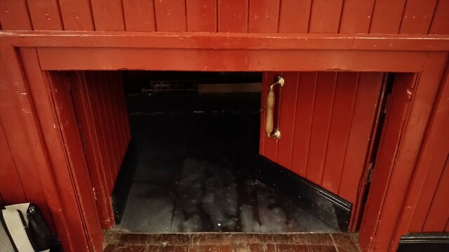 Entrance door to under stage space Dinas Powys parish hall