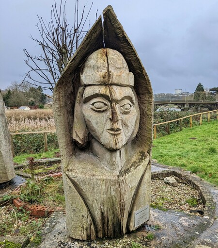 One of wooden sculpture of Arthur, Guinevere and Lancelot 