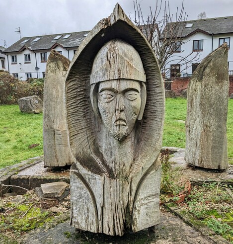 One of wooden sculpture of Arthur, Guinevere and Lancelot 