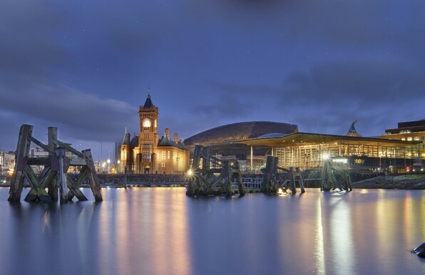 Cardiff Bay at night
The Capital City of Wales, UK showing the harbour, Senedd, Millennium building and Pier Head building