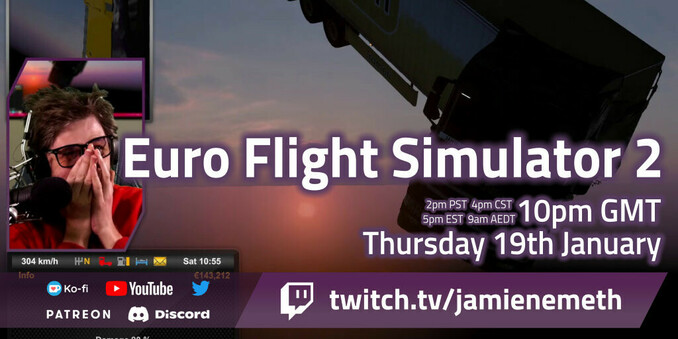 Lorry bent at right angles, plummeting through the sky, with the sunset in the background.

Euro Flight Simulator 2: 10pm GMT, Thursday 19th January.

twitch.tv/jamienemeth