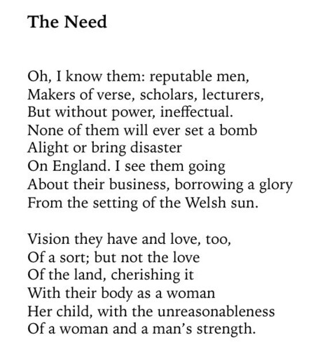 Image shows text of poem -
The Need. 
Oh, I know them: reputable men, Makers of verse, scholars, lecturers, But without power, ineffectual. None of them will ever set a bomb Alight or bring disaster On England. I see them going About their business, borrowing a glory From the setting of the Welsh sun. Vision they have and love, too, Of a sort; but not the love Of the land, cherishing it With their body as a woman Her child, with the unreasonableness Of a woman and a man's strength.