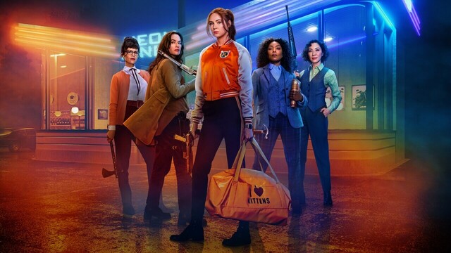 The stars of Gunpowder Milkshake on an image from the movie poster