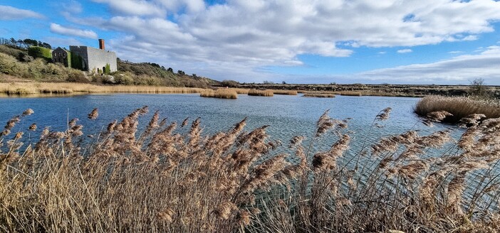 Looking over a small still lake surrounded by rushes, The water reflects the clouded blue sky. On the far side of the lake is a large partially ruined brick structure. It is split into 3 sections, the nearest is completely rectangular, grey and windowless with 3 small arched entrances at the bottom. A red brick chimney reaches for the sky at the right hand side.  The middle building, also grey, has a gable end which obviously supported a sloping roof at some point.  2 rows of 3 rectangular windows can be seen in it. The 3rd building is mostly covered in ivy, but appears to be rectangular and windowless