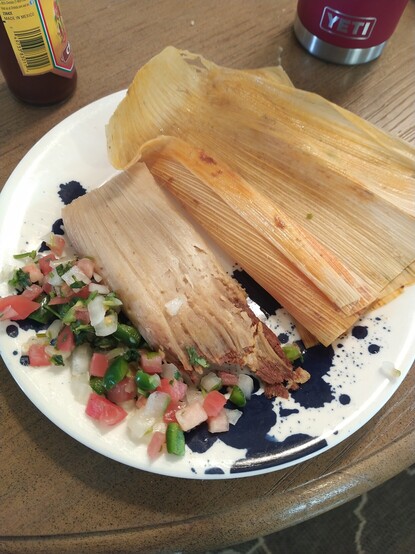 A tamale that was wrapped in a corn husk with pico de Gallo on the side 