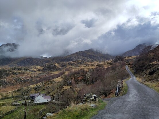 Mountainous landscape of Snowdonia on a cloudy day