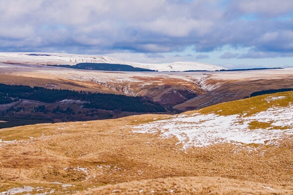 looking across yellowy brown moorland with patches of snow. The land drops down into a valley where a strip of dark green coniferous trees can be seen. Further on, the land rises again to a plateau covered in a thin blanket of snow before another strip of conifers gives way to a steeper slope and a mountain ridge covered in thicker snow. The sky is grey and white with thick cloud