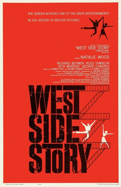 West Side Story text with dancers in the background 