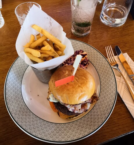 Dirty chicken burger (chicken, bacon, and a mac-and-cheese patty), and chips.