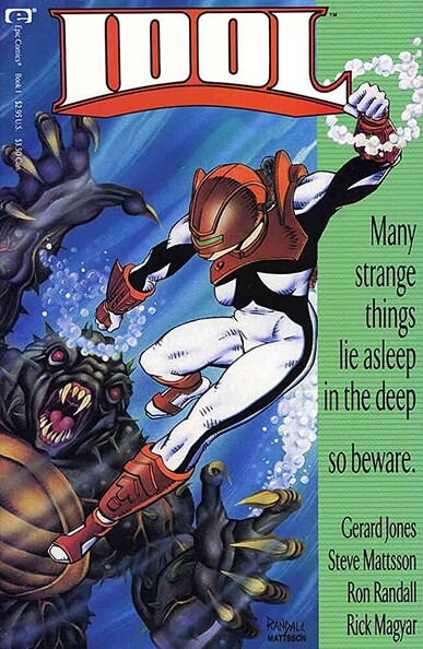 Idol #1 from Epic Comics with a female hero dressed a bit like Ultraman fighting a massive sea creature 