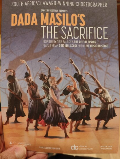 The front of a theatre programme. There is a picture of 7 dancers striking a pose.
Above the picture the main text reads, 'South Africa's Award-Winning Choreographer
Dado Masilo's The Sacrifice'