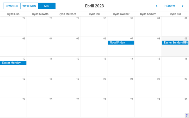 A Welsh web calendar to embed into websites