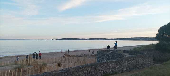 Beach scene: Wide shot of calm waters at dusk, several groups of figures relaxing. 