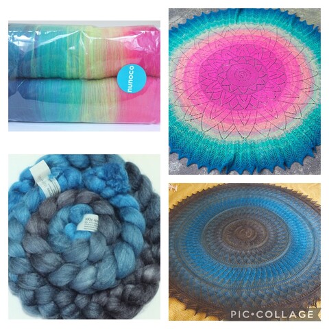 A grid of four photos, showing two batches of fibre for spinning, and two circular shawls made from the fibre.