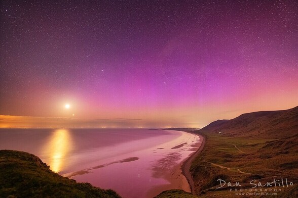The Aurora Borealis over Rhossili Bay on Gower, Wales