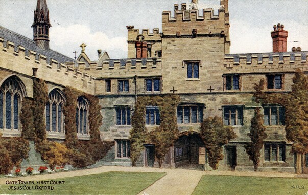 Old postcard of Jesus College, Oxford. The colour landscape orientation card shows a medieval quadrangle, with crenelations, mullioned windows, ivy-covered walls and manicured lawns. On the bottom left of the card is printed in black "Gate Tower, First Court, Jesus Coll Oxford" 