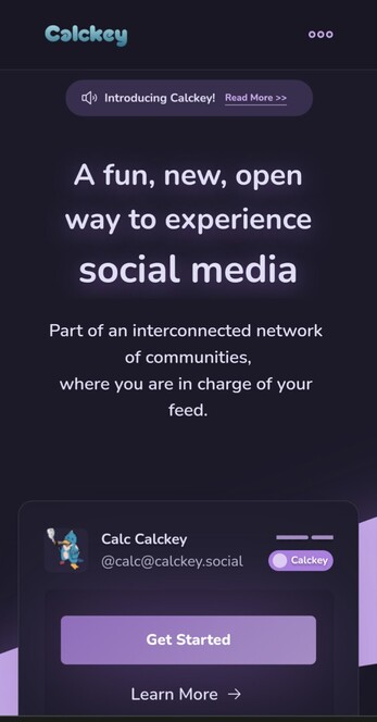 Screenshot of the calckey website describing the platform in one sentence and a call to action to get started or learn more