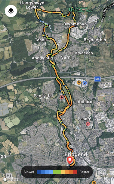 Route mother of Bridgend to Bryngarw, across the Coytrahen and back. 
