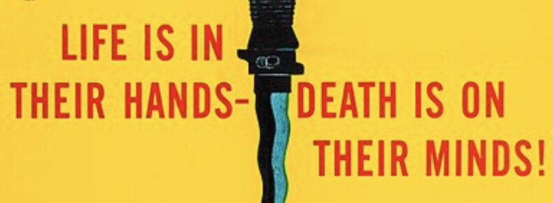 Part of a dagger separating red words on a yellow background 