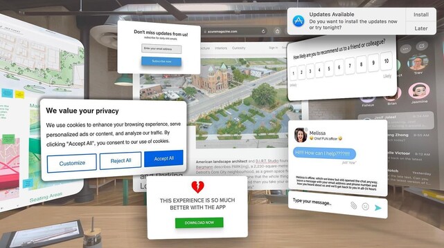 A mocked up Apple Vision Pro view covered with pop ups for cookies, software updates and other annoyances 